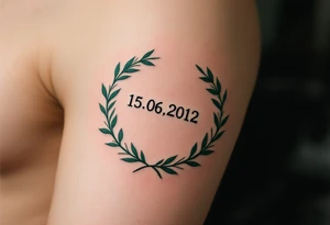 15.06.2012 in typewriter font encased in a dusty green laurel wreath. tattoo idea