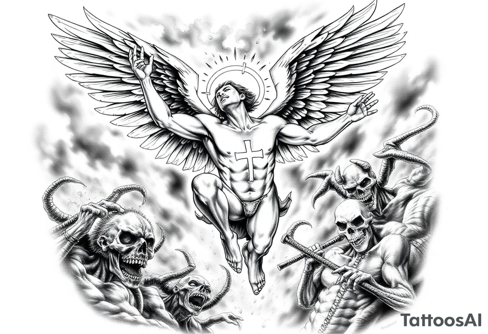 A fallen angel falling from heaven to hell , his wings catch fire and partially burn his halo breaks, Demons and dead souls reach out for him, he has a sexy demon women  by his side as he falls , fire and smoke throughout the backround with creatures lurking in the back, theres an upside diwn cross burnt into his chest tattoo idea