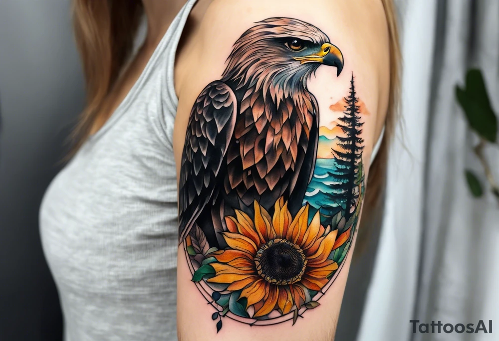 Small inside arm tattoo. Black kite (Daya's name), nature (trees/sea), small sunflower. tattoo idea