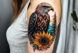 Small inside arm tattoo. Black kite (Daya's name), nature (trees/sea), small sunflower. tattoo idea