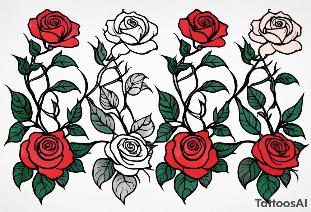 sleeve tattoo a long vine with many small roses. Most roses are in closed bud. some larger open bud. tattoo idea