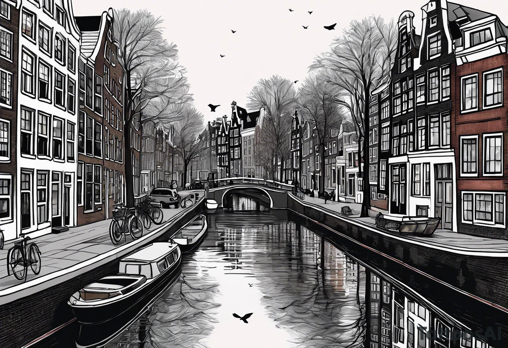 Amsterdam houses and Amsterdam canal featuring wildlife and birds made of glass in Amsterdam canal in space with pineapples tattoo idea