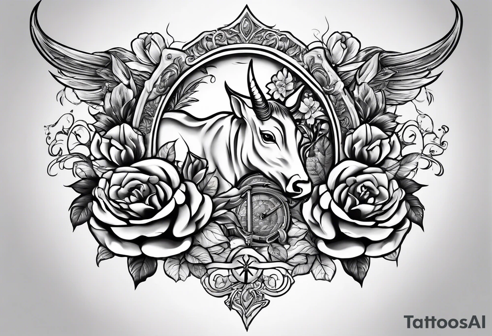 Tattoo thigh peice with Roses and flowers With nursing and hunting and cows and bulls and fishing and love and church. tattoo idea