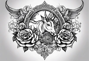 Tattoo thigh peice with Roses and flowers With nursing and hunting and cows and bulls and fishing and love and church. tattoo idea