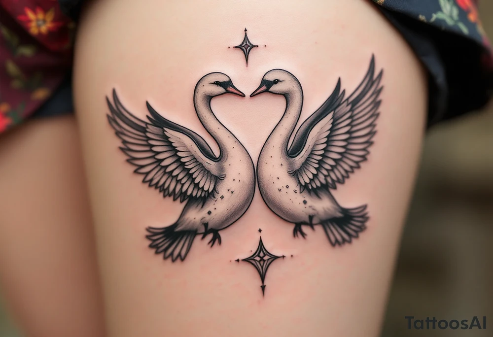 A pair of birds (e.g. swans or robins) in soft hues flying side by side reflects love, teaching, and lifelong companionship. tattoo idea