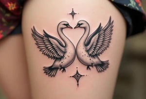 A pair of birds (e.g. swans or robins) in soft hues flying side by side reflects love, teaching, and lifelong companionship. tattoo idea