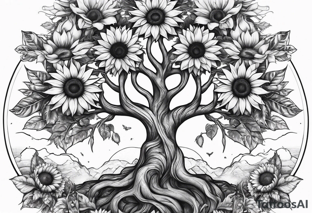 Feminine Yggdrasil tree with 2 sunflowers tattoo idea
