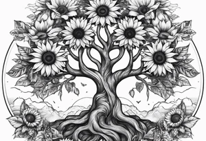 Feminine Yggdrasil tree with 2 sunflowers tattoo idea