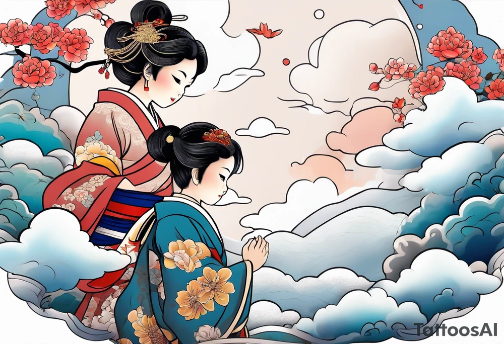 2 children playing together in japanese clouds tattoo idea