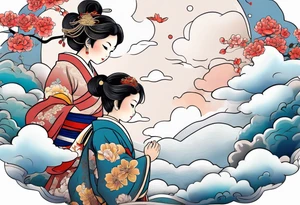 2 children playing together in japanese clouds tattoo idea
