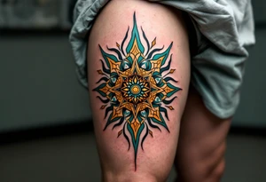 A vibrant Celtic sun tattoo in teal and gold symbolizes harmony and light at the center of the chest. tattoo idea