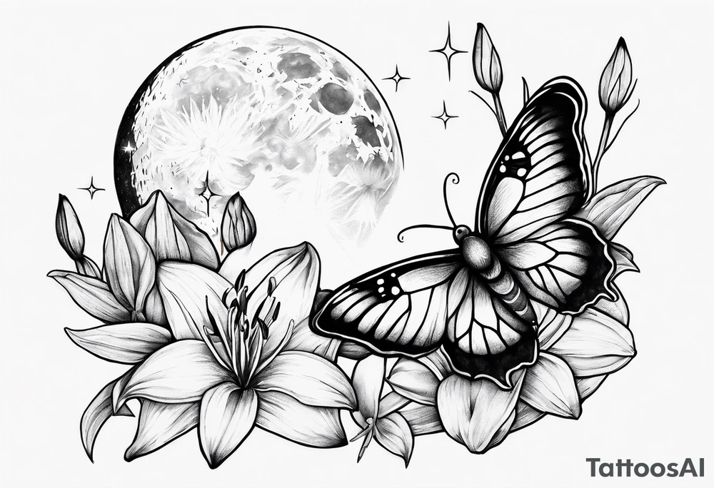 Moon and stars with a moth and Lillies tattoo idea