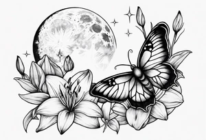 Moon and stars with a moth and Lillies tattoo idea