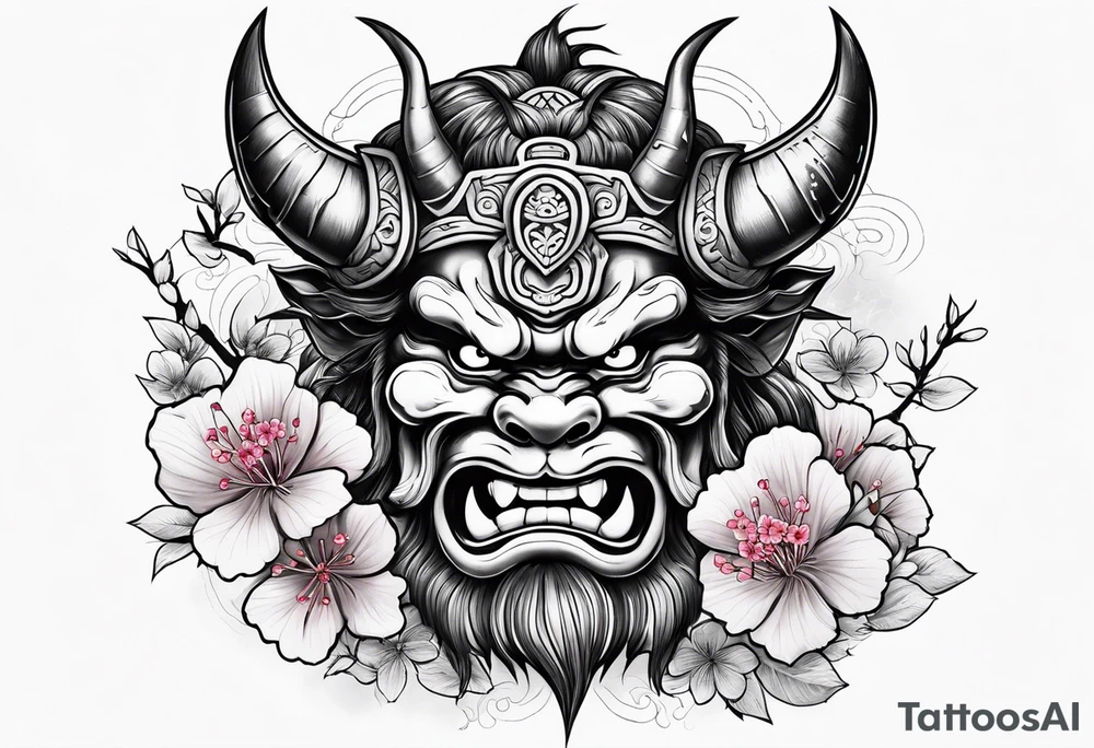 japanese oni with cherry blossom trees in the back round and japanese traditional tattoos. tattoo idea