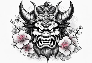 japanese oni with cherry blossom trees in the back round and japanese traditional tattoos. tattoo idea