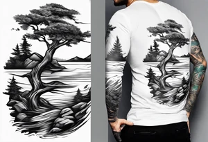 Sleeve tattoo windswept tree before lake with low rock face on another side of the ridge. tattoo idea