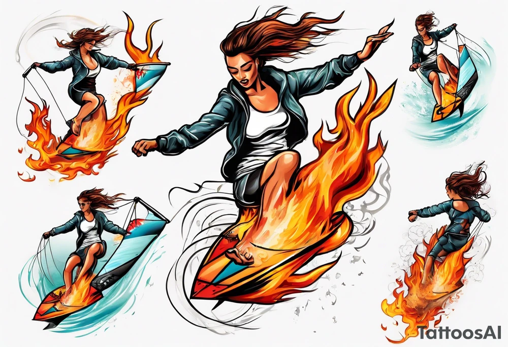 Woman doing Kitesurfing tricks in fire tattoo idea