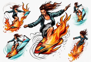 Woman doing Kitesurfing tricks in fire tattoo idea