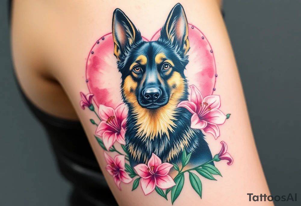 realistic german shepherd dog with pink lily flowers in front of sacred heart tattoo idea