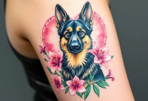 realistic german shepherd dog with pink lily flowers in front of sacred heart tattoo idea