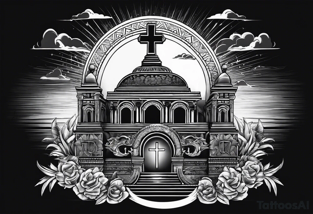 Tomb with cross and sun in the background tattoo idea