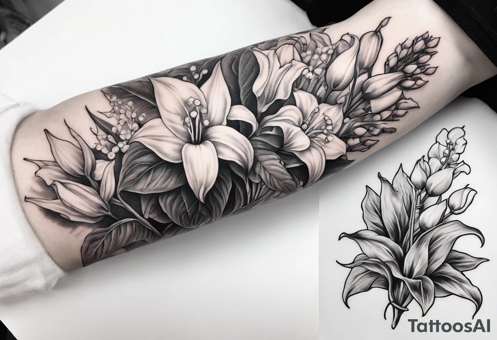 half sleeve on forearm of plants, specifically lily of the valley, bleeding heart, and angel trumpet tattoo idea