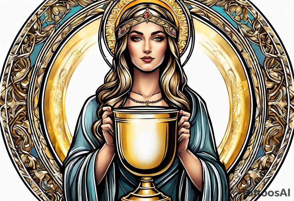 woman saint holding chalice surrounded by golden halo portrait tattoo idea
