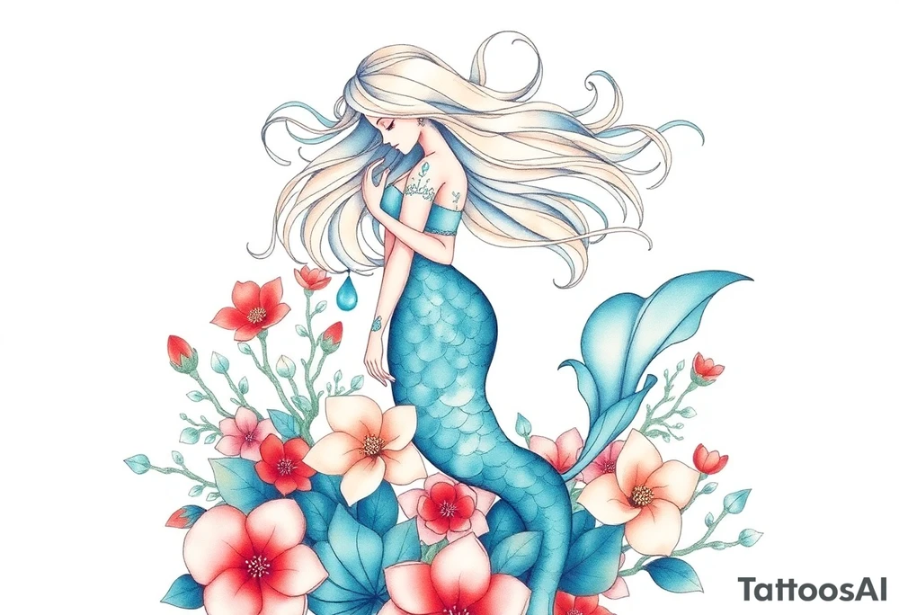 ethereal mermaid with flowing hair among coral and sea flowers tattoo idea