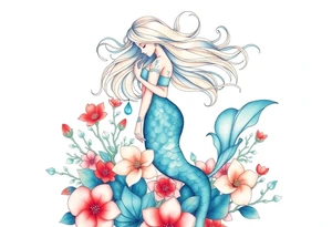 ethereal mermaid with flowing hair among coral and sea flowers tattoo idea