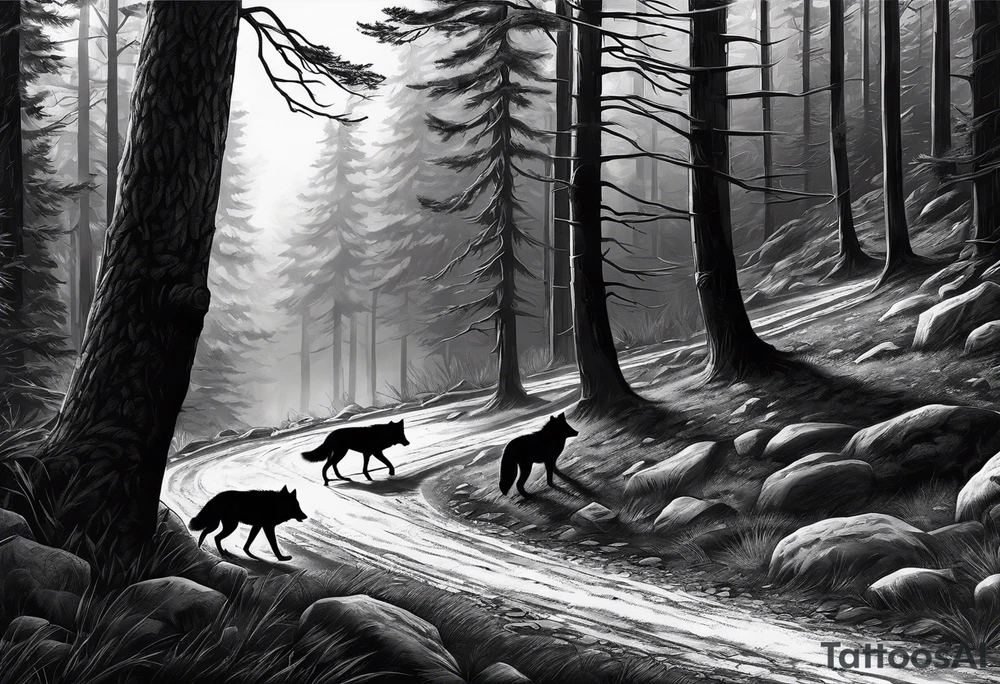Lone wolf on a path or road. A pack of wolfs on the opposite end of road. More realistic tattoo idea