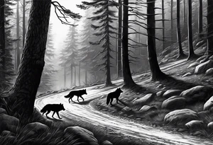 Lone wolf on a path or road. A pack of wolfs on the opposite end of road. More realistic tattoo idea