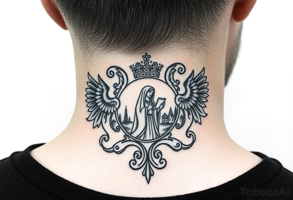 Traditional authentic Russian coat of arms with a Christian orthodox virgin marry in the middle and silhouette in a Russian wilderness Christian orthodoxy village setting tattoo idea