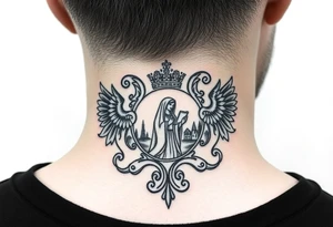 Traditional authentic Russian coat of arms with a Christian orthodox virgin marry in the middle and silhouette in a Russian wilderness Christian orthodoxy village setting tattoo idea