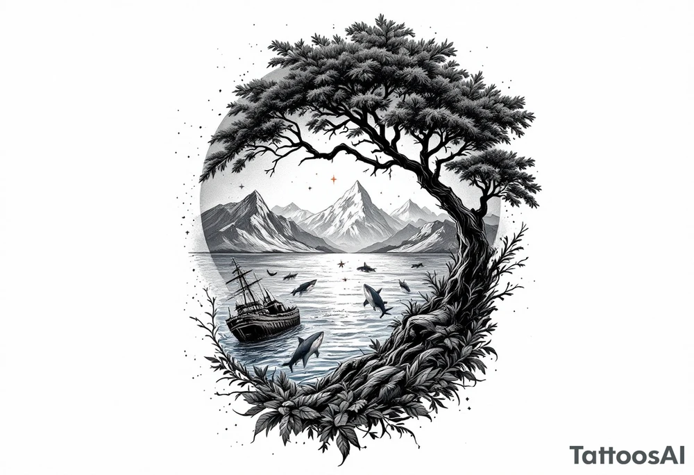 tattoo that has an acacia tree with mountains, ocean with a ship wreck with sharks and the bright northern star tattoo idea