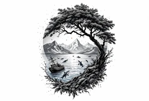 tattoo that has an acacia tree with mountains, ocean with a ship wreck with sharks and the bright northern star tattoo idea