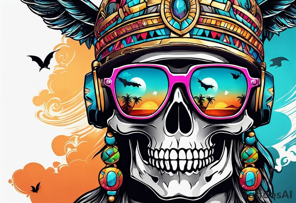 Colorful Mayan skull wearing sunglasses with bats water and cave tattoo idea