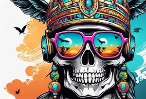 Colorful Mayan skull wearing sunglasses with bats water and cave tattoo idea
