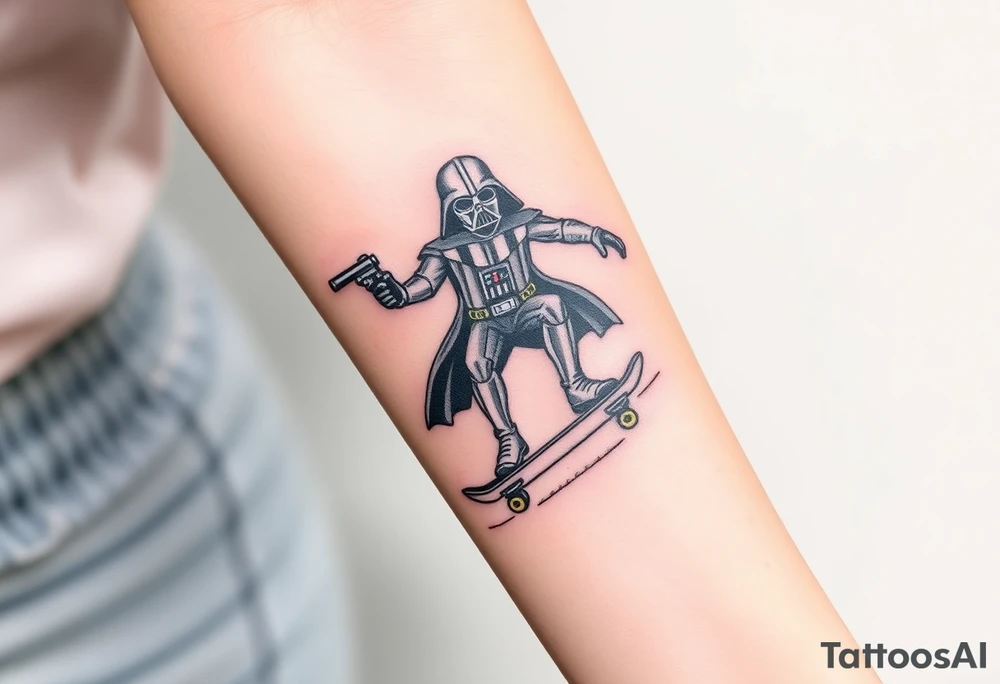 Darth Vader skateboarding with gun> bullets > memorial > god > colors > futuristic 
add name "Darth Carter" on skateboard
add date in loving memory 12/29/88-01/06/24 tattoo idea