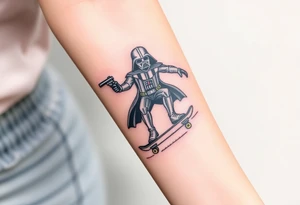 Darth Vader skateboarding with gun> bullets > memorial > god > colors > futuristic 
add name "Darth Carter" on skateboard
add date in loving memory 12/29/88-01/06/24 tattoo idea