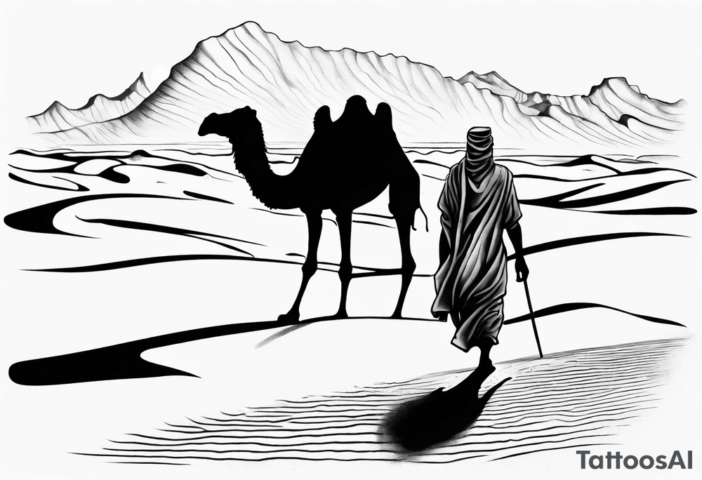 Design a tattoo showcasing a vast desert landscape with low, undulating sand dunes. Feature a man walking alongside his camel, both resilient against the harsh environment, the man covering his face with a long cloth for protection. tattoo idea