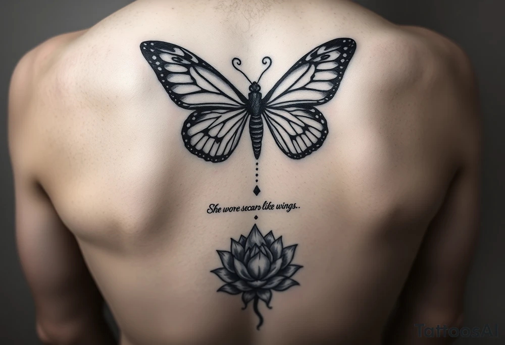 butterfly with cracked wings and lotus flower with quote that says “she wore her scars like wings” all down spine but very elegant towards lower back and small tattoo idea
