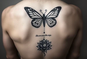 butterfly with cracked wings and lotus flower with quote that says “she wore her scars like wings” all down spine but very elegant towards lower back and small tattoo idea
