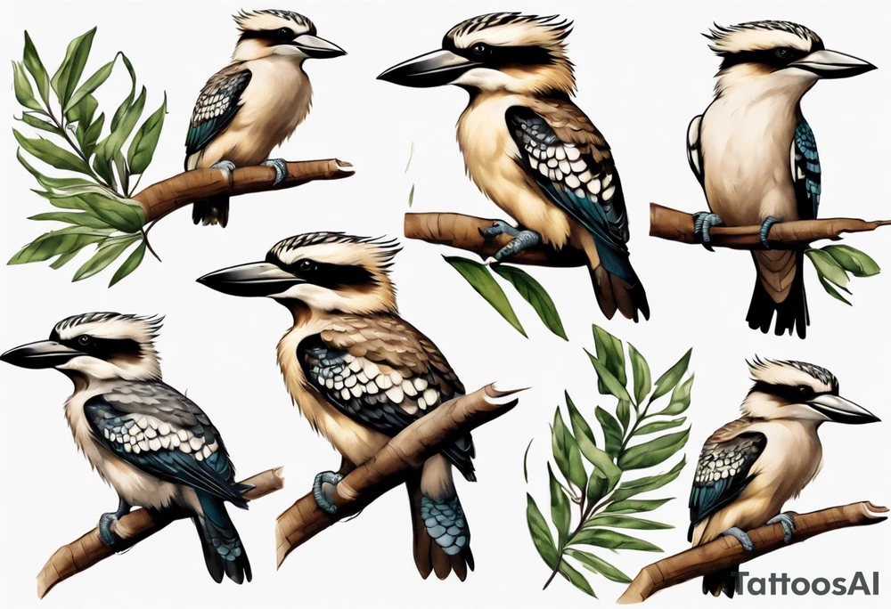 Small kookaburra holding wattle leaves tattoo idea