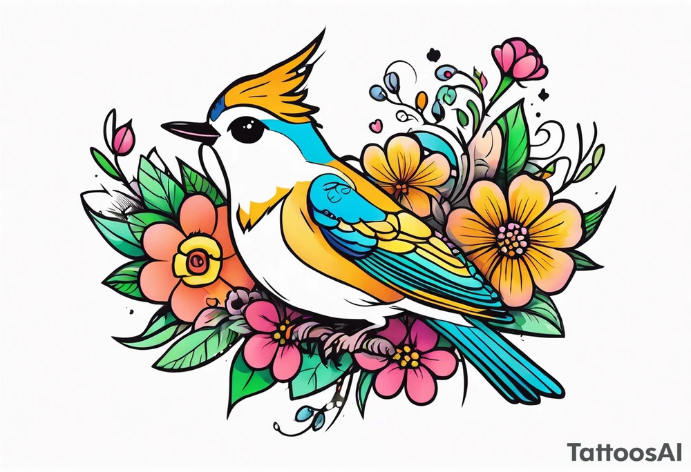 Fairytale flower bird crown tattoo idea