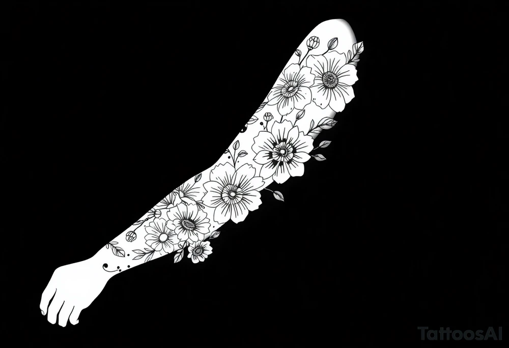 Doodles full sleeve with flowers. Not perfect lines. Abstract. Artistic. Unique tattoo idea