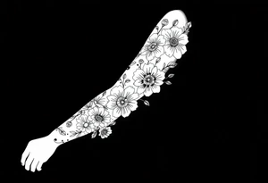 Doodles full sleeve with flowers. Not perfect lines. Abstract. Artistic. Unique tattoo idea