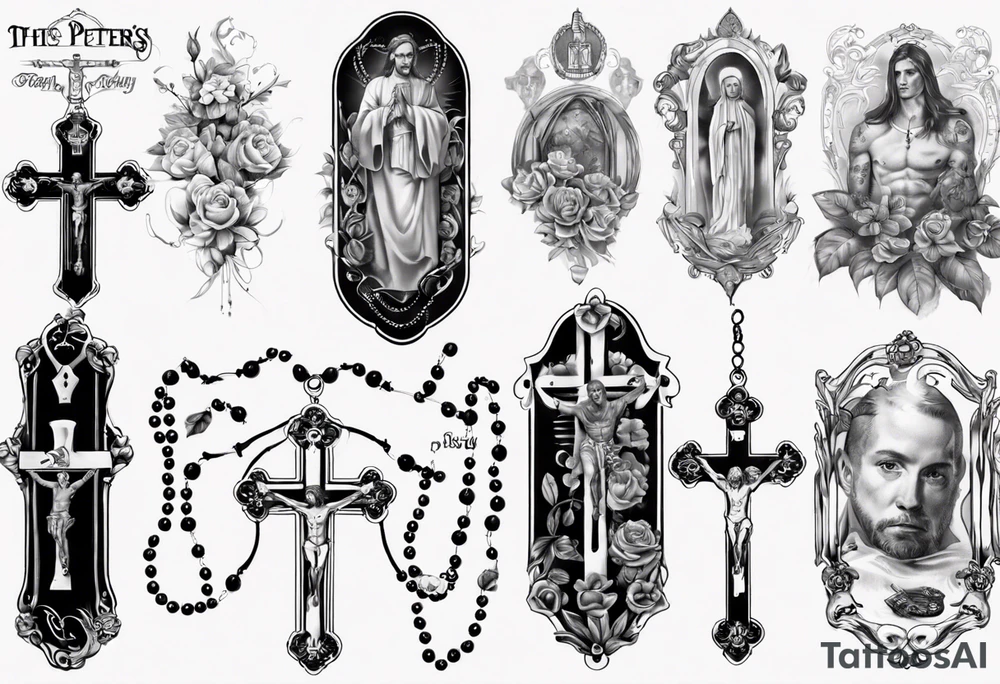 men’s arm sleeve, the name Peters, rosary, prayers tattoo idea