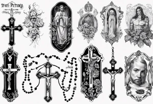 men’s arm sleeve, the name Peters, rosary, prayers tattoo idea