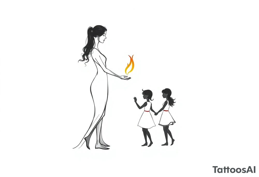 Silhouette of a mother passing 2 flames to two daughters tattoo idea