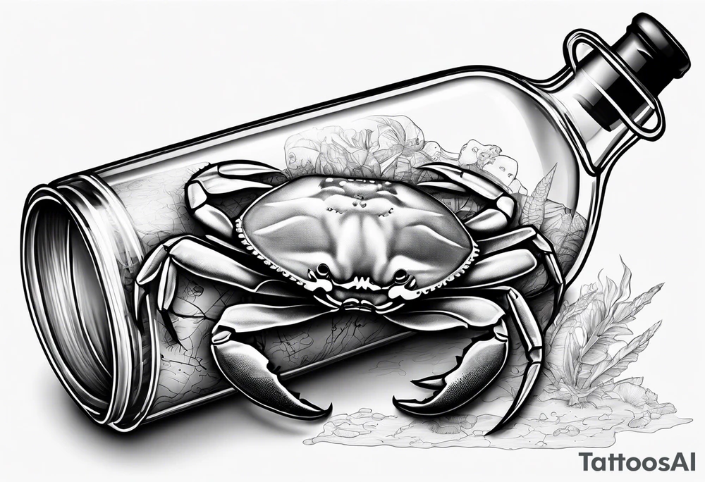 A message in a bottle. Rolled up map inside the bottle. crab outside protecting the bottle. tattoo idea